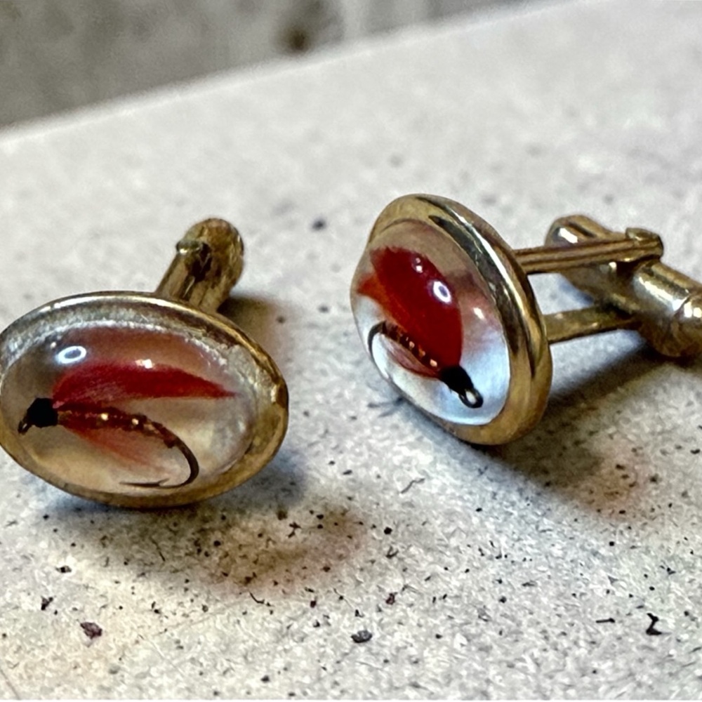 Vintage Gold and Red Fishing Fly Cufflinks